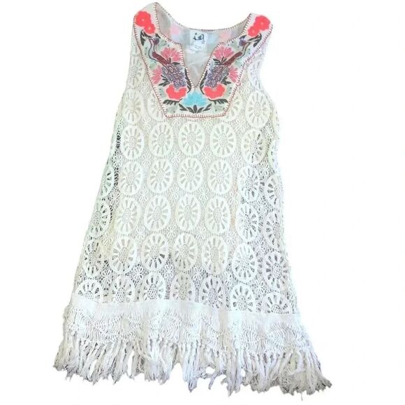 Anthropologie Mermaid Embroidered Lace Crochet Dress Fringe Hem Cotton Lined - Picture 1 of 4